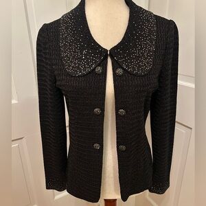 MING WANG Knit Jacket Black Rhinestone Metallic XS Cocktail Glam Embellished